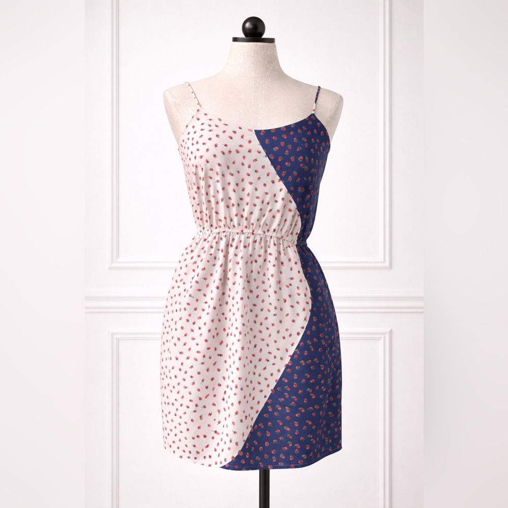 Blue and Cream Strawberry Patterned Spaghetti-Strap Dress